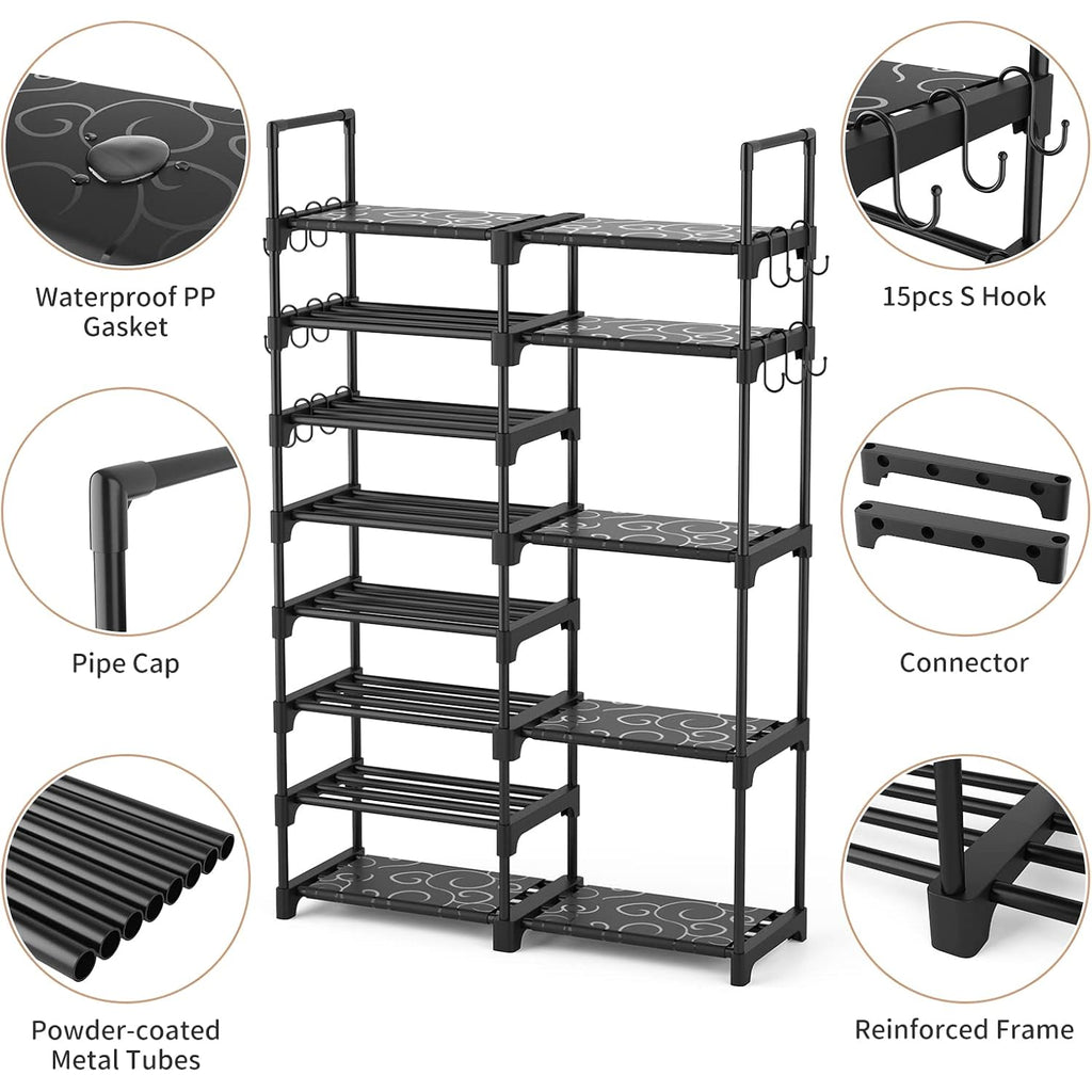 ROJASOP Shoe Rack Organizer, 8-Tier Metal Shoe Rack for Closet Entryway Garage, 26-32 Pairs Tall Shoe Boot Storage Shelf with 15 Hooks, Stackable Large Shoe Stand