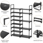 ROJASOP Shoe Rack Organizer, 8-Tier Metal Shoe Rack for Closet Entryway Garage, 26-32 Pairs Tall Shoe Boot Storage Shelf with 15 Hooks, Stackable Large Shoe Stand