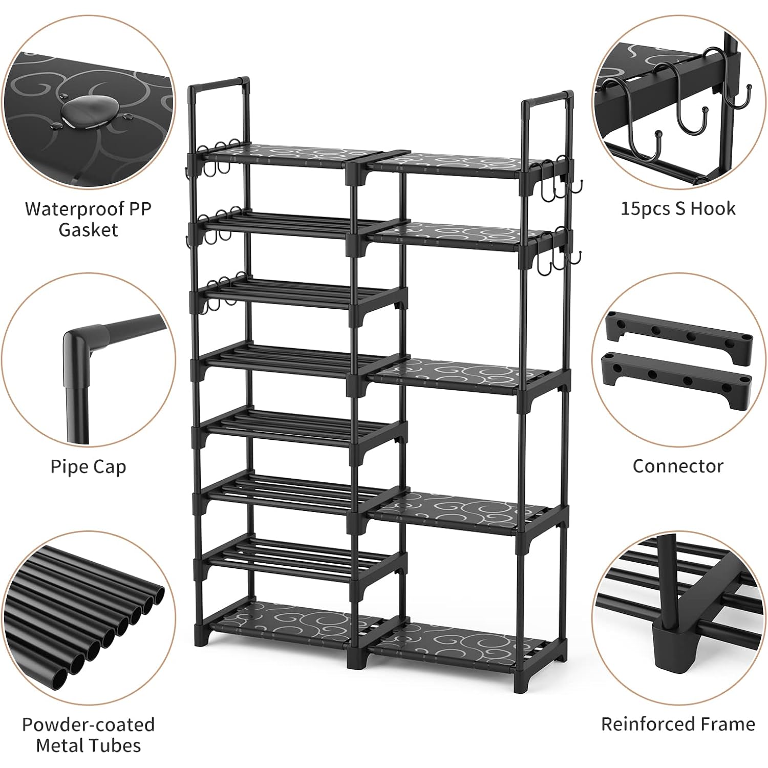 ROJASOP Shoe Rack Organizer, 8-Tier Metal Shoe Rack for Closet Entryway Garage, 26-32 Pairs Tall Shoe Boot Storage Shelf with 15 Hooks, Stackable Large Shoe Stand