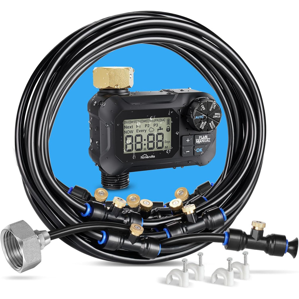 Automatic Misting Cooling System With Timer, 46Ft Misting Line | 10 Brass Nozzles, 3/4" Brass Adapter, For Patio Misting, Grenhouse Watering & Chicken Coop Cooling