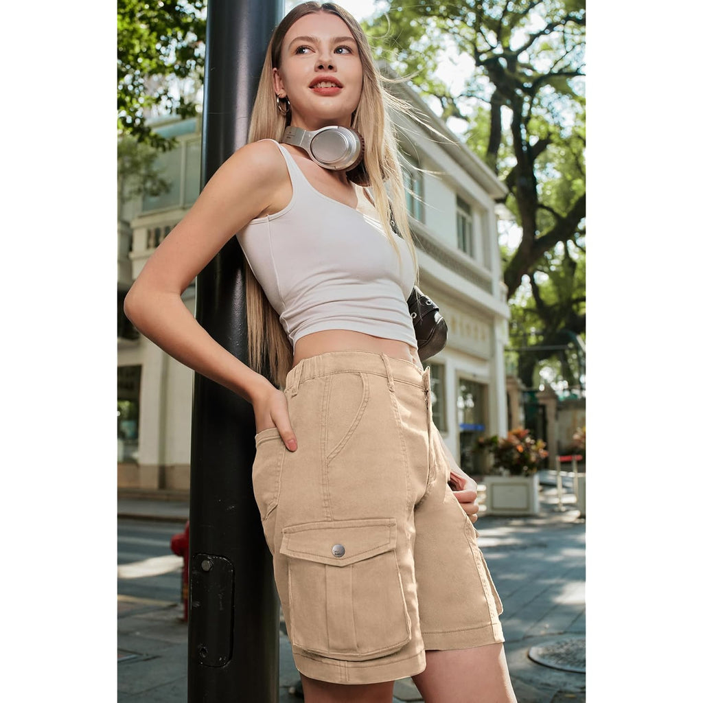 Bermuda Cargo Shorts Women, Elastic High Waist 6 Pockets Shorts 7 Inch Inseam Summer Jorts for Women Casual