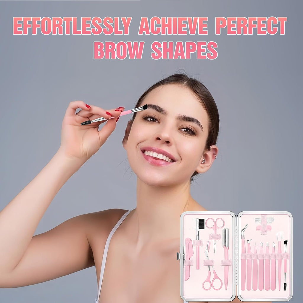 Eyebrow Kit, 17 in 1 Tweezers for Women Facial Hair, Hair Scissors with Comb, Eyebrow Trimmer, Brow Brushes, Hair Tools Travel Bag, Professional Grooming Tweezer Set