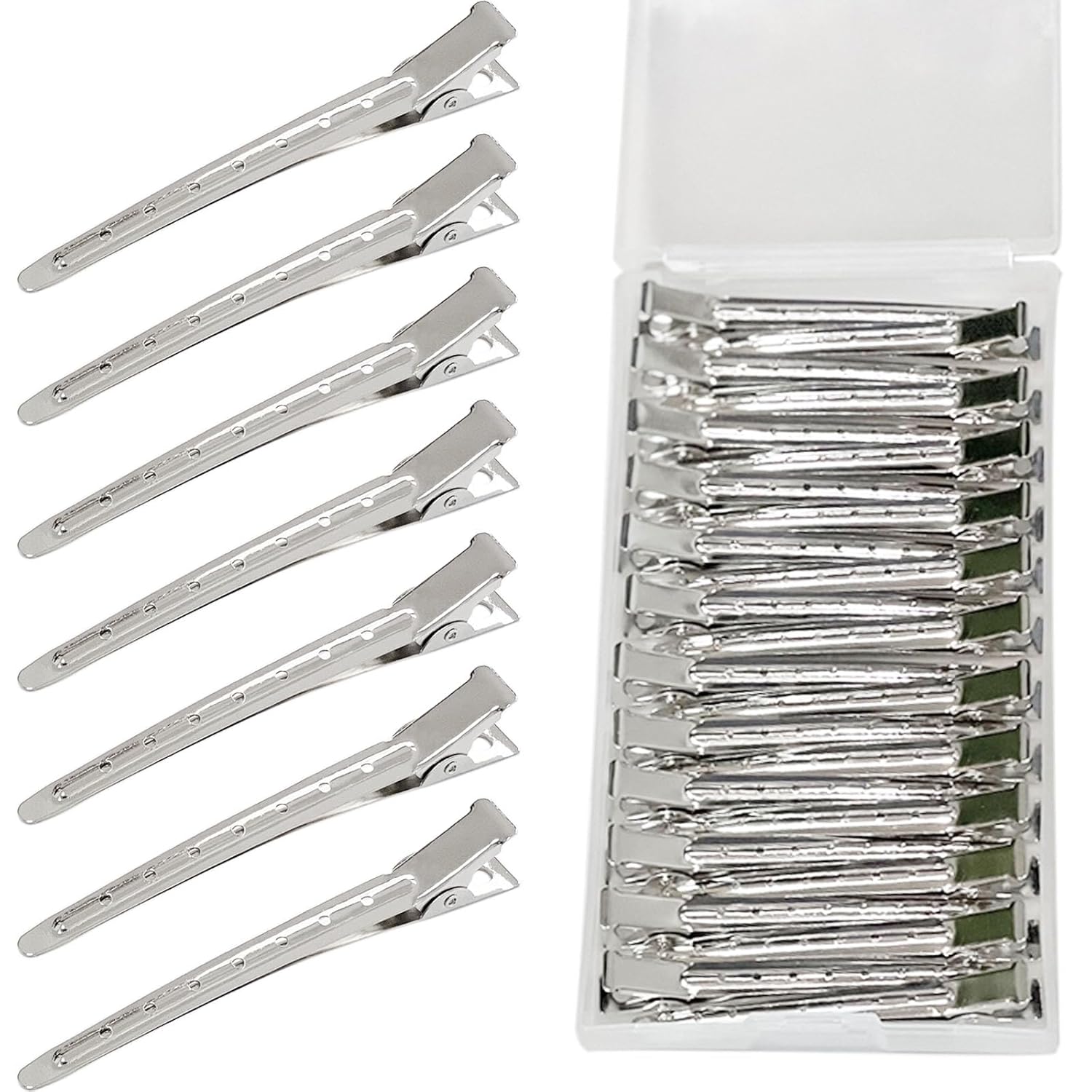 RENEWED Metal Silver Duck Billed Clips: 24Pcs Long Hair Sectioning and Curl Clips for Women with Case