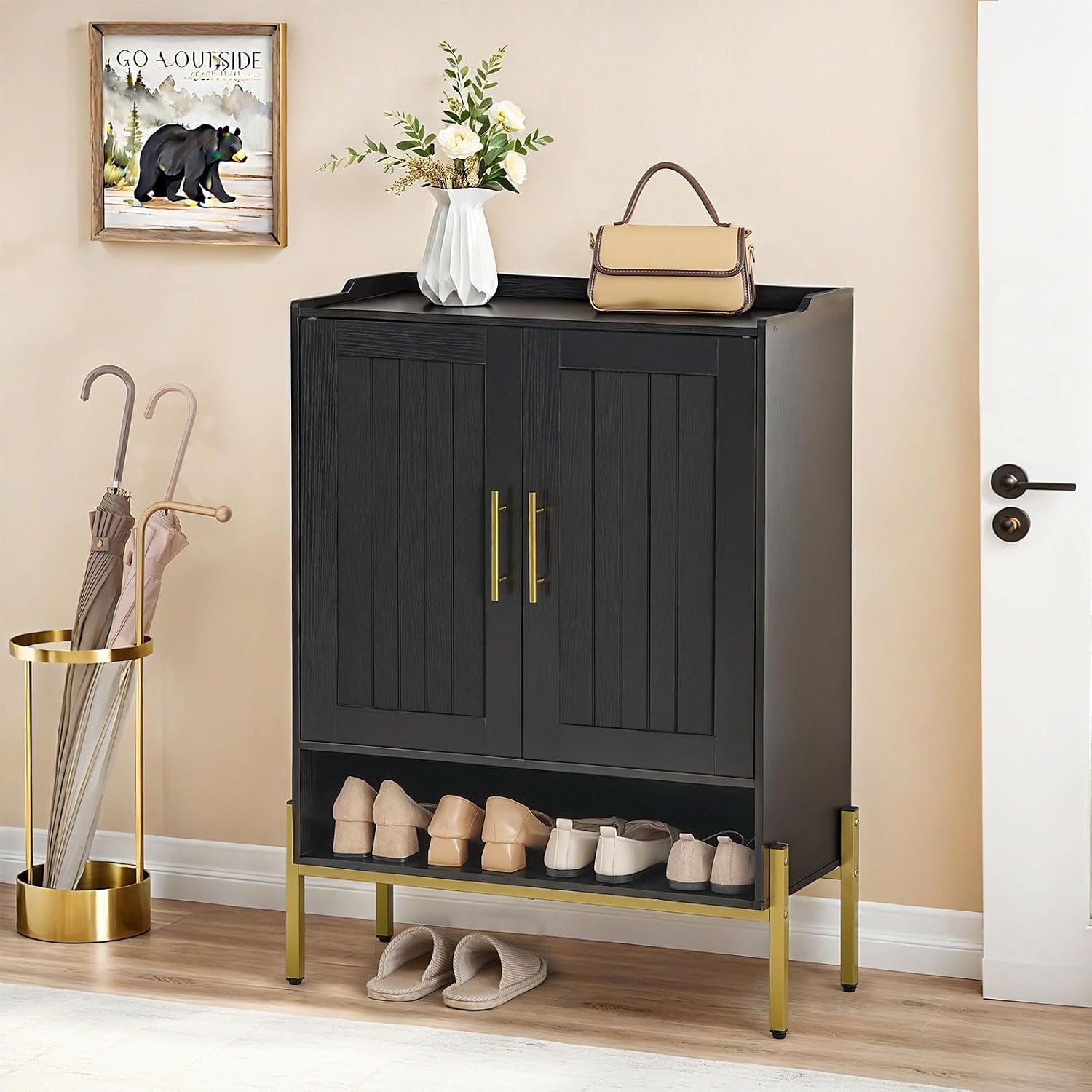Hoobro Shoe Cabinet, 5-Tier Shoe Storage Organizer With Doors, Wooden Shoe Cabinet Storage For Entryway, Freestanding Shoe Rack Cabinet With 3 Adjustable Shelves For Hallway, Gold And Black Db41Sc01