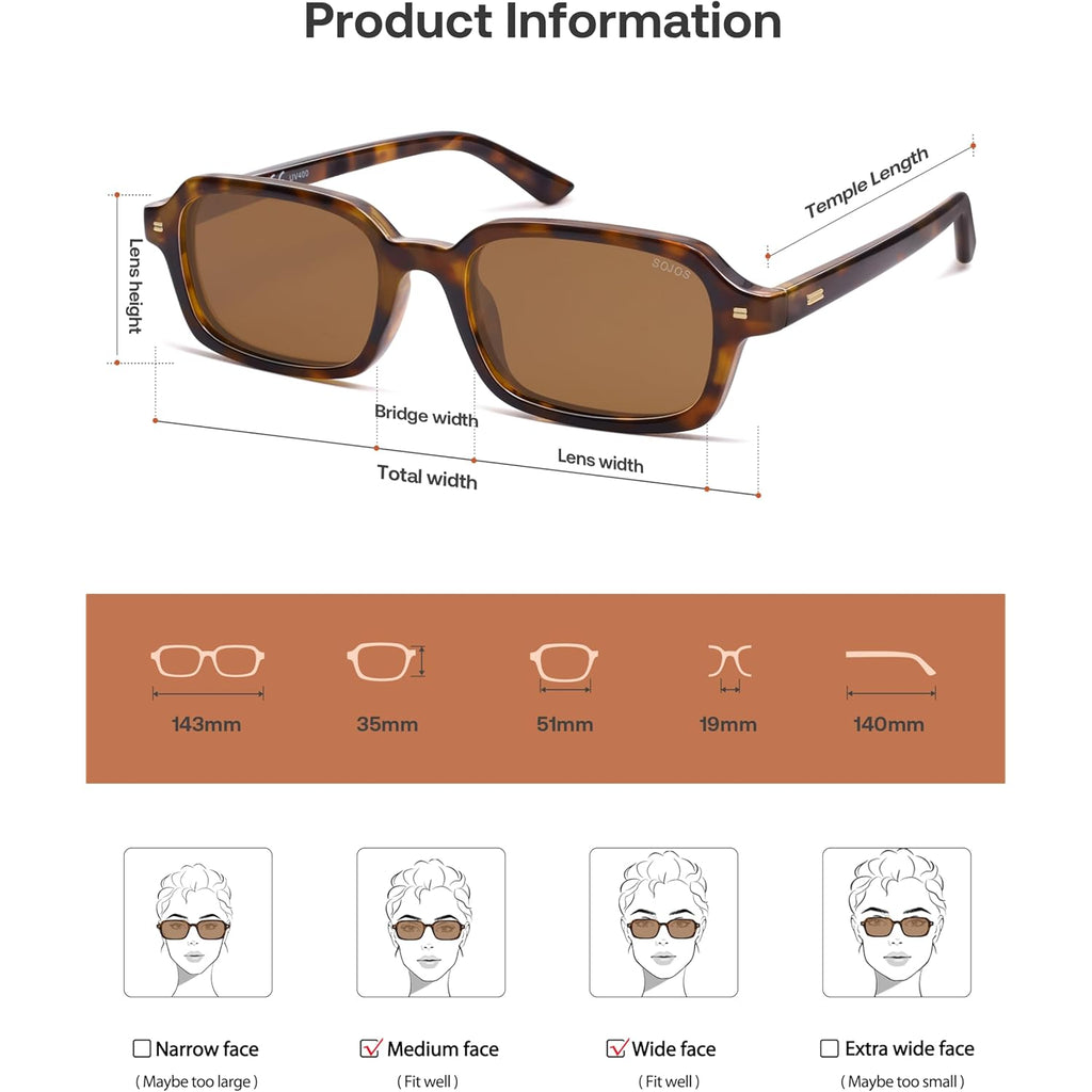 SOJOS Trendy Rectangle Polarized Sunglasses Womens Mens, Small Retro Fashion Thin Slim Square Sunnies SJ2610