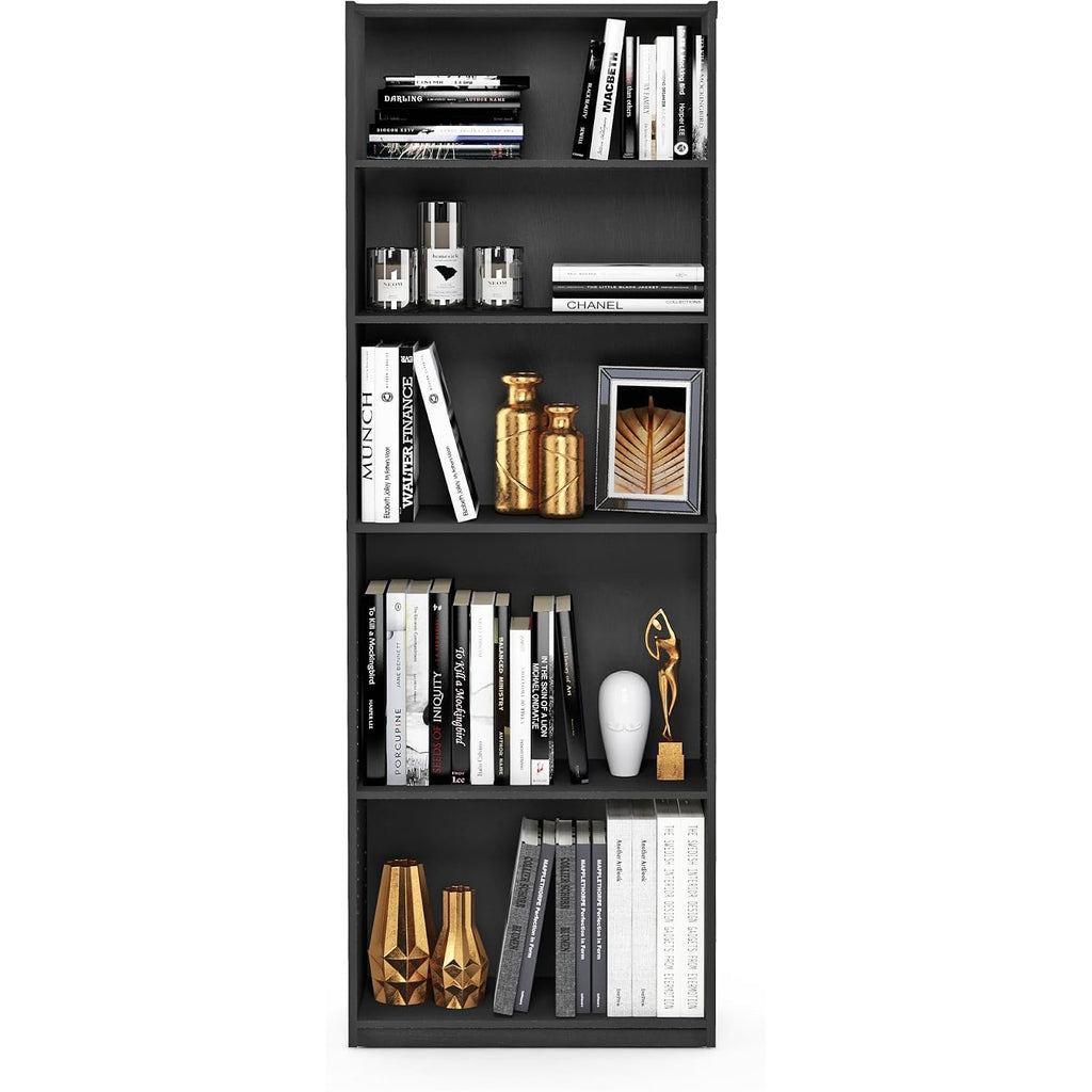 Furinno Jaya Book Shelf, 5-Tier Bookshelf, Bookcase With Adjustable Shelves, 9.5 X 24.5 X 71.2, For Organization And Storage, For Living Room, Bedroom, Home Office, Blackwood