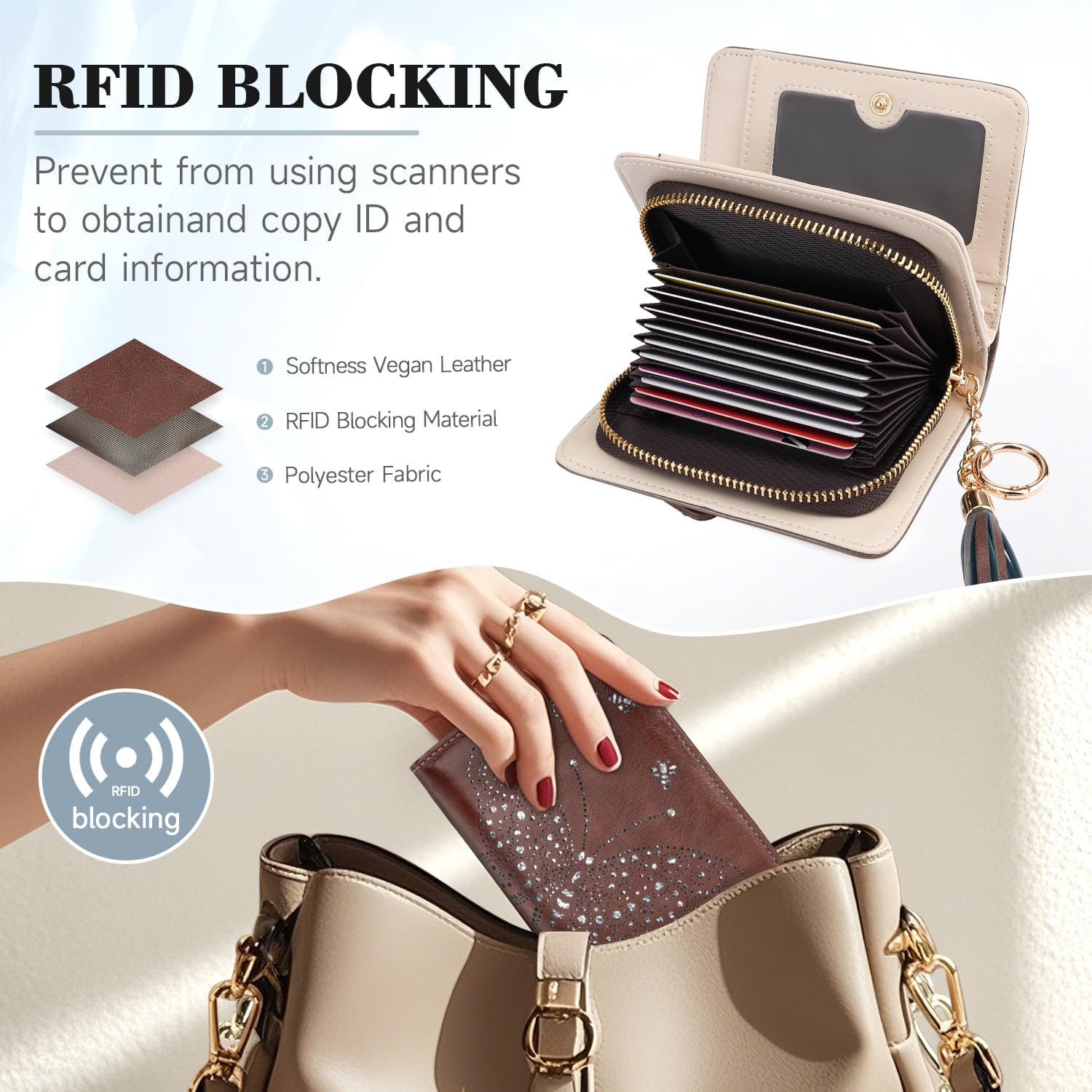 KITEVIUN Women RFID Blocking Small Bifold Wallet, Compact Cash Clutch with Zipper Coin Pocket, Glittery Butterfly Design, Credit Card Holder, Travel Purse with Tassel COFFEE