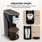 2-In-1 Single Serve Coffee Maker For K Cup Pods & Ground Coffee, 6 To 14 Oz Brew Sizes, Compact Small Brewer With Dual Buttons, Adjustable Drip Tray For Travel Mugs, Silver