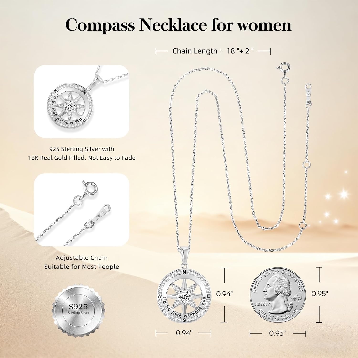 Mkhhy Compass Necklace for Women Jewelry For Her White Gold and Yellow Gold I'd Be Lost Without You(18k Real Gold Filled With S925)