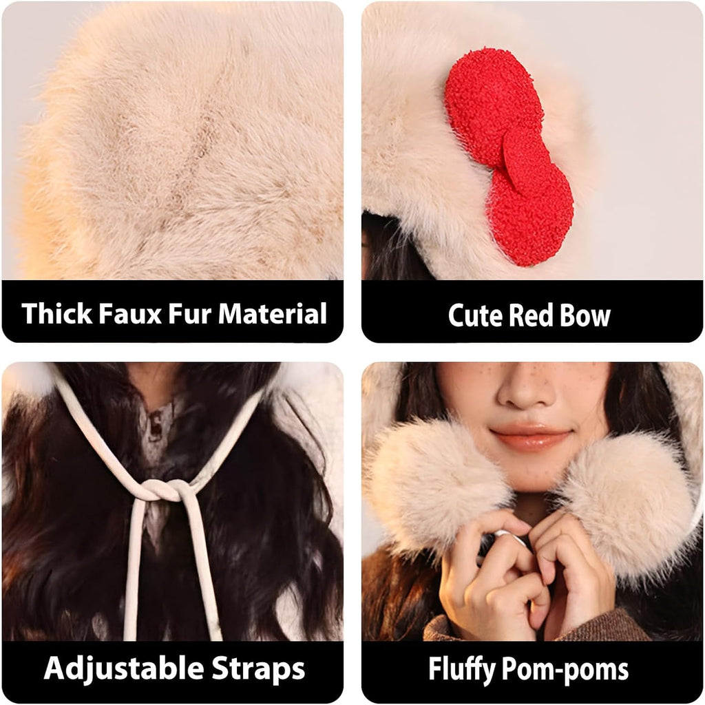 Winter Warm Faux Fur Trapper Hat for Women Cute Furry Cat Ear Hats Thick Plush Cozy Animal Hat with Pom Pom & Ear Cover