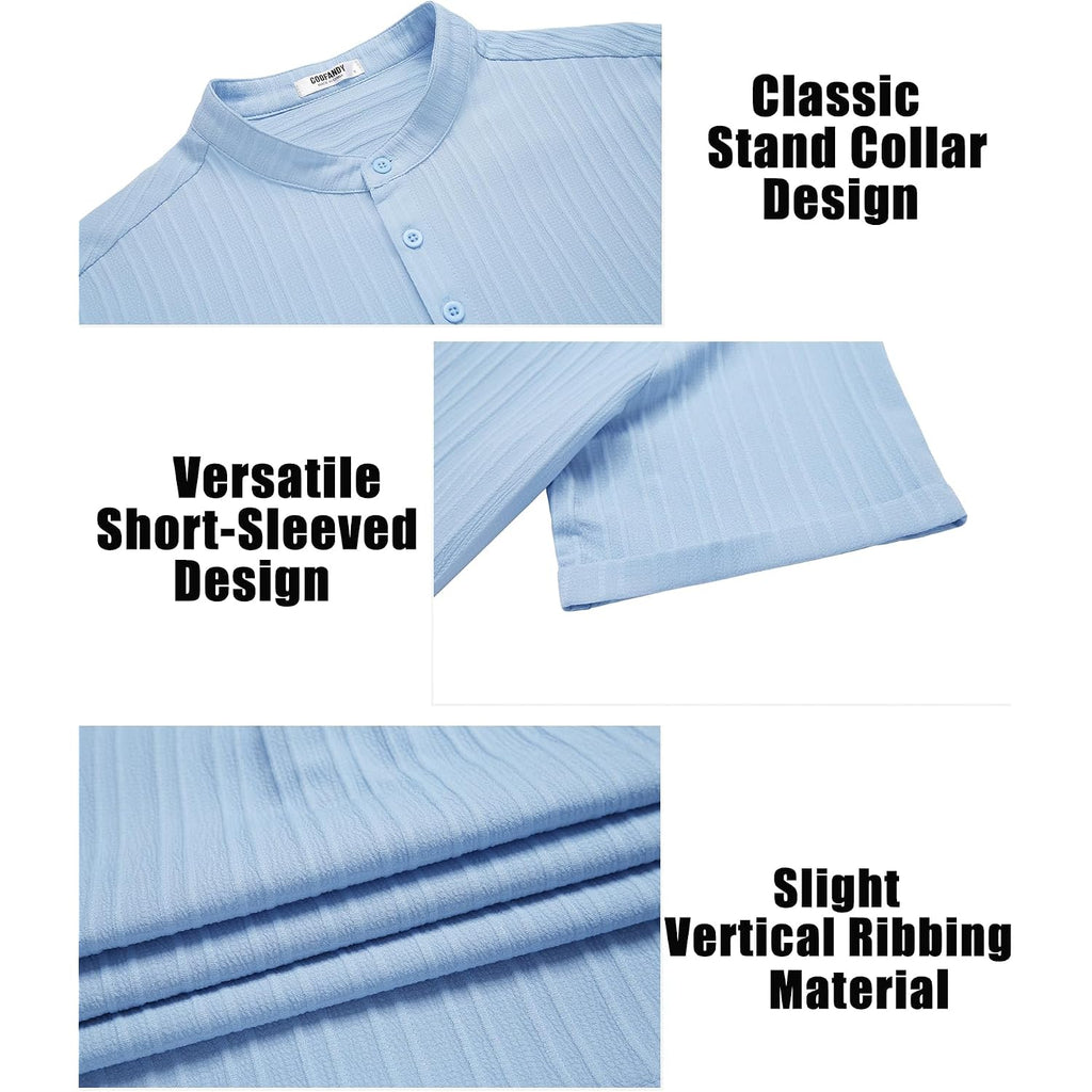 Coofandy Men Casual Henley Tee Shirt Short Sleeve Band Collar Summer Beach Textured T-Shirt