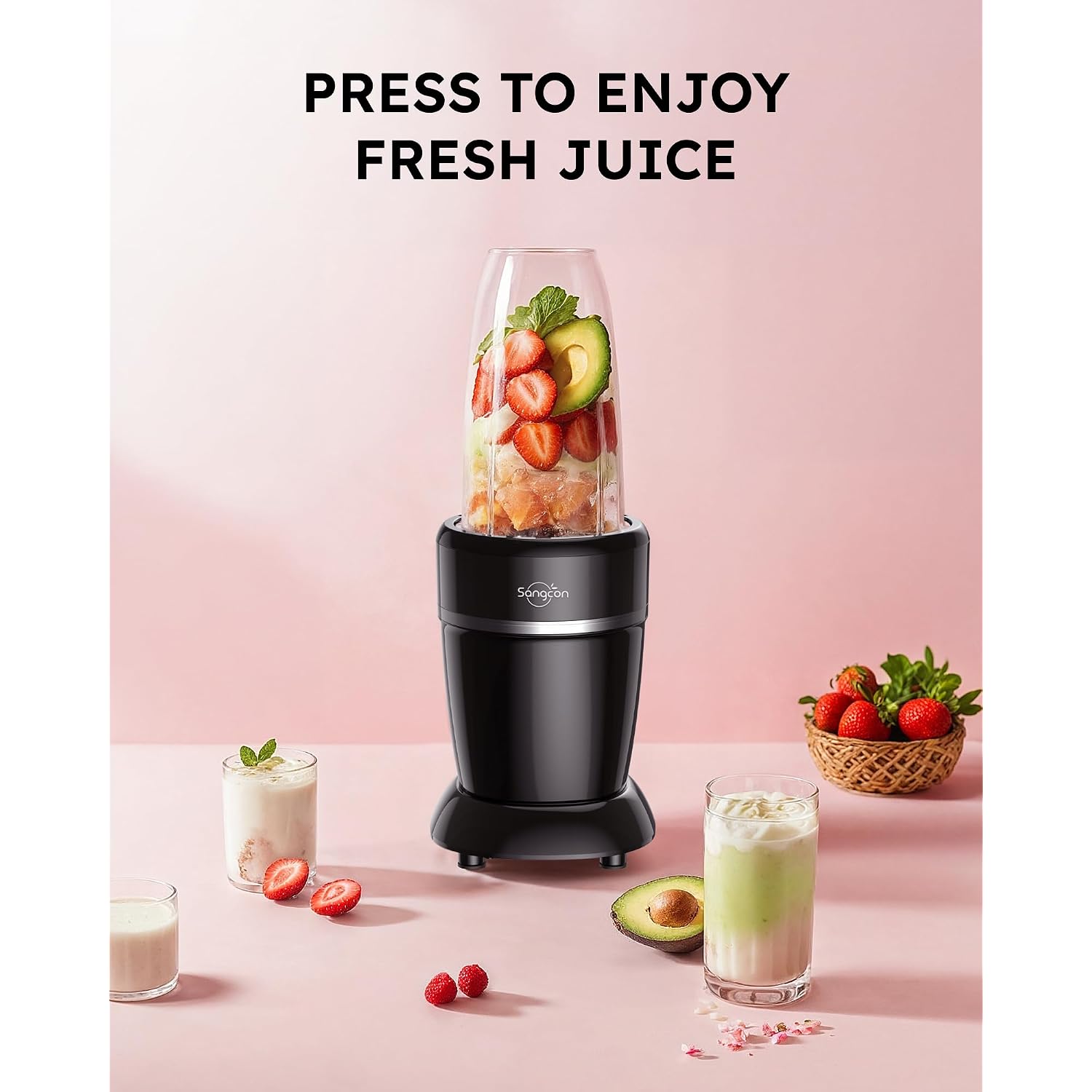 Sangcon 1000W Smoothie Blender For Kitchen, Blenders For Smoothies With (3) Cups (2) Spout Covers (1) Storage Cap (1) To-Go Cap, Portable Blender For Shakes, Ice Crushing, Frozen Drinks, Spices