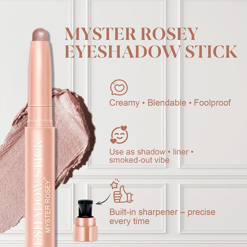Myster Rosey Cream Eyeshadow Stick, Eye Shadow Sticks For High-Pigment, Waterproof Glitter Eyeshadow, Long-Lasting, Crease-Proof - Vegan & Cruelty-Free - 0.06 Oz (02 Champagne Shimmer)