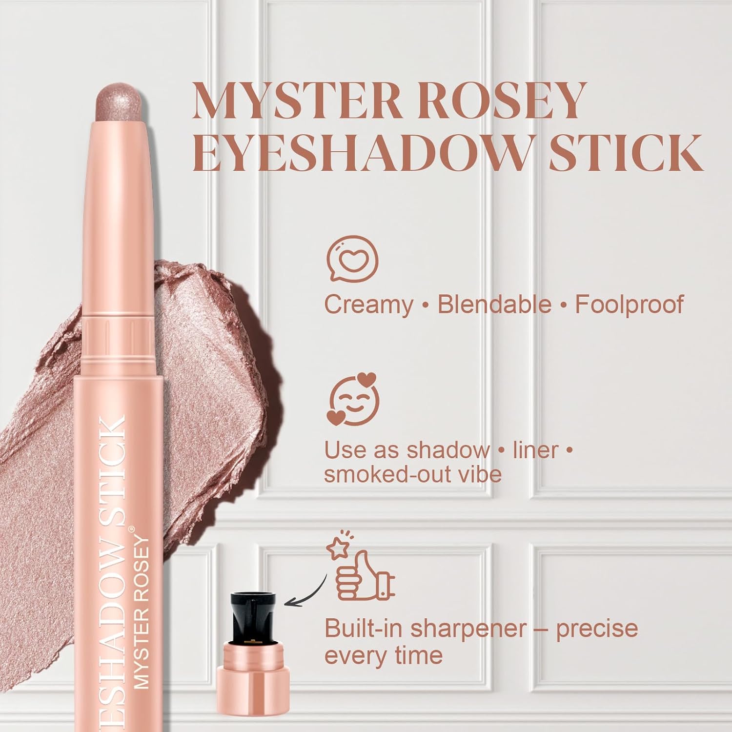 Myster Rosey Cream Eyeshadow Stick, Eye Shadow Sticks For High-Pigment, Waterproof Glitter Eyeshadow, Long-Lasting, Crease-Proof - Vegan & Cruelty-Free - 0.06 Oz (02 Champagne Shimmer)
