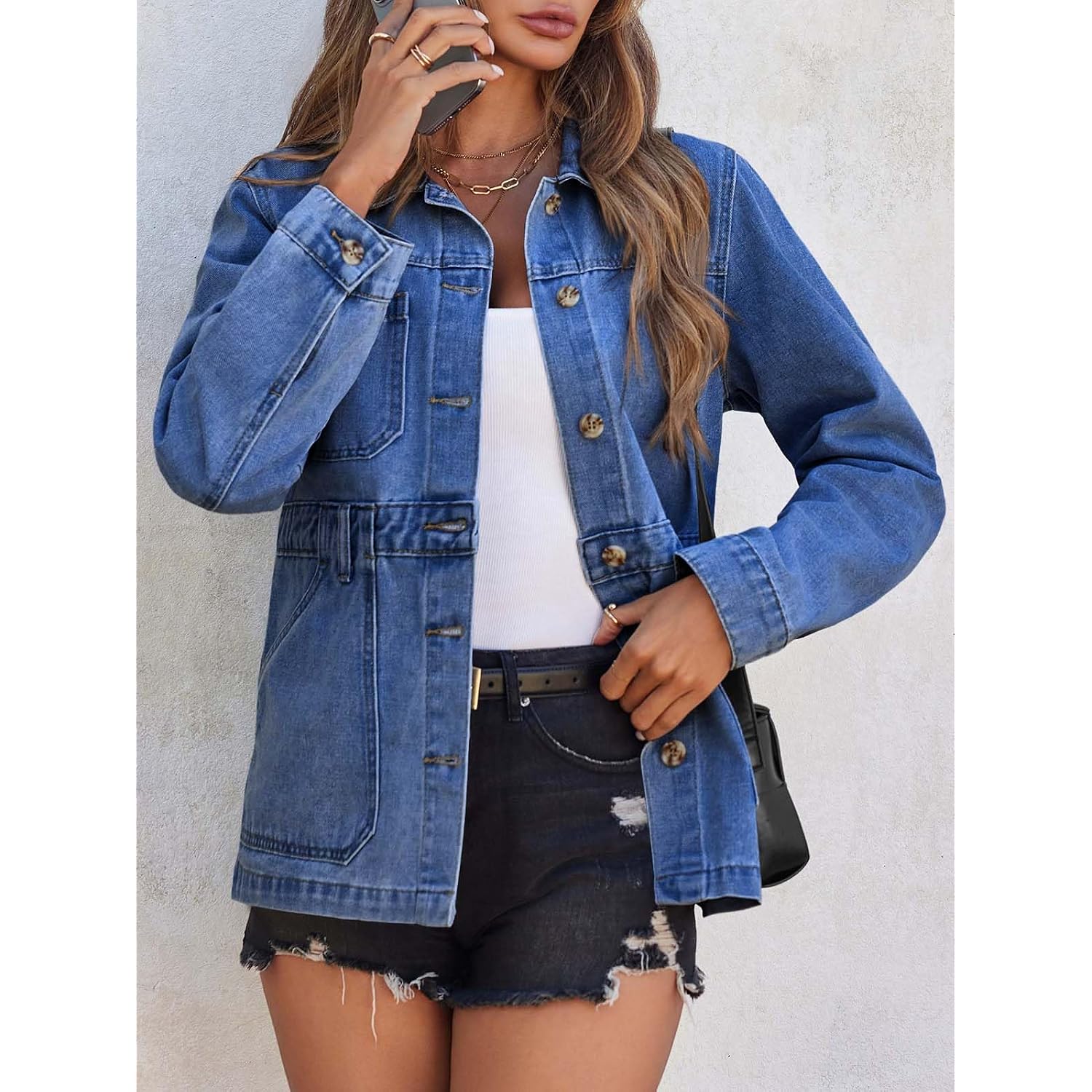 Tankaneo Denim Jacket For Women Distressed Jean Jacket Button Down Oversized Shacket With Pockets