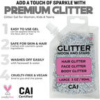 Face, Body & Hair Glitter Gel – Halloween Glitter for Kids and Women – 3 Oz Cosmetic-Grade Gel w/Moon & Stars for Festivals & Halloween Party, Easy Apply & Wash Off - Purple/Silver 2Pack