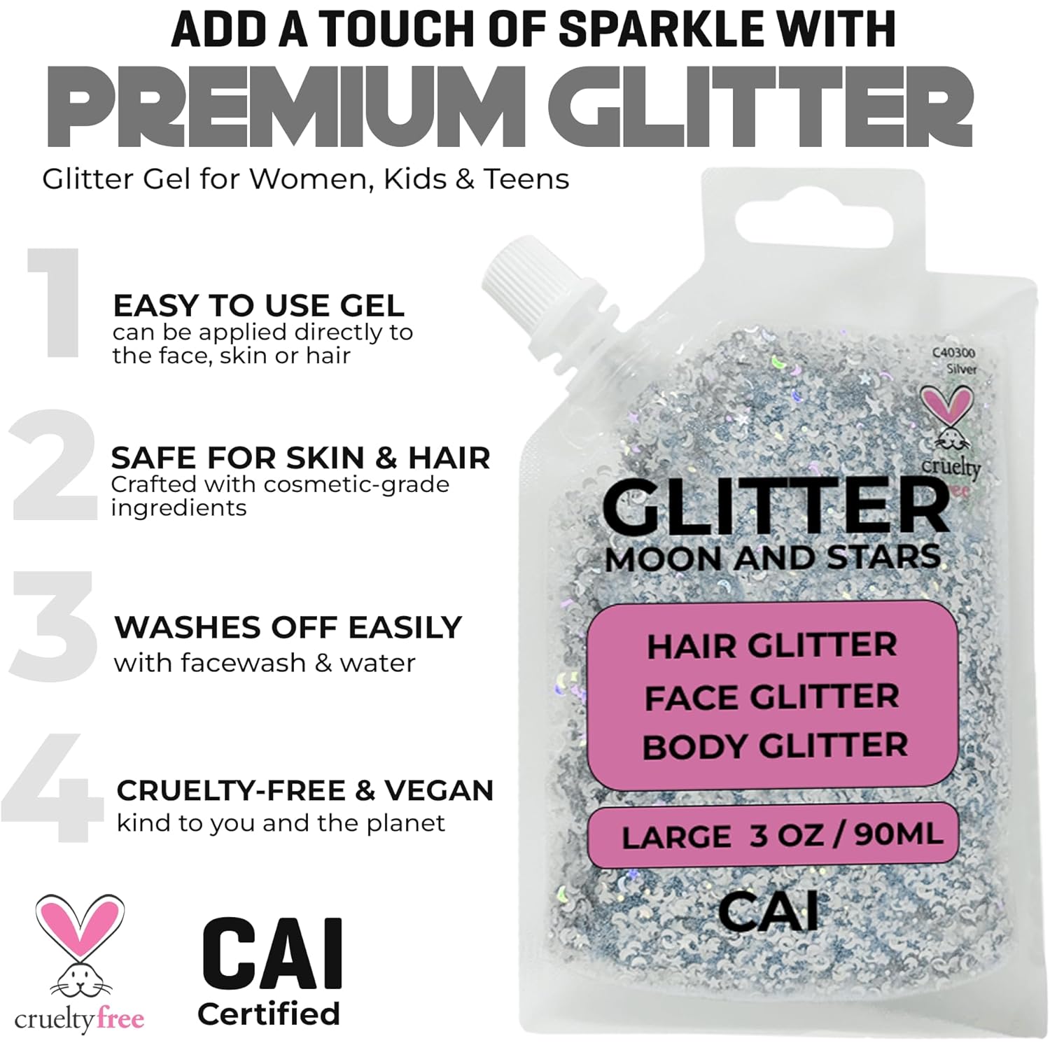 Face, Body & Hair Glitter Gel – Halloween Glitter for Kids and Women – 3 Oz Cosmetic-Grade Gel w/Moon & Stars for Festivals & Halloween Party, Easy Apply & Wash Off - Purple/Silver 2Pack