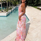 Women Halter Backless Dress Deep V Neck Open Back Mesh Maxi Dress Beach Vacation Wedding Guest