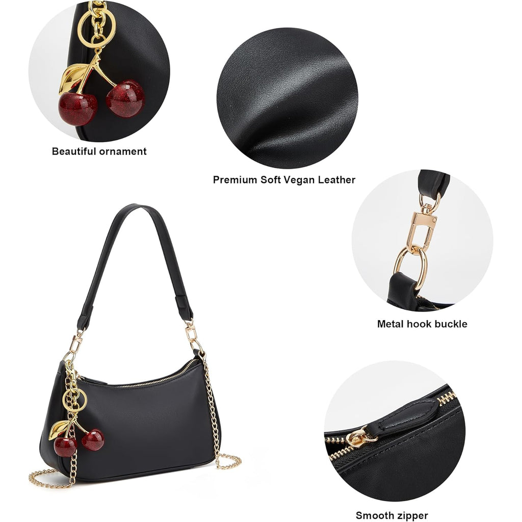 Black Shoulder Bag for Women Cute Hobo Cherry Purse Retro Clutch Underarm Handbag with Removable Straps