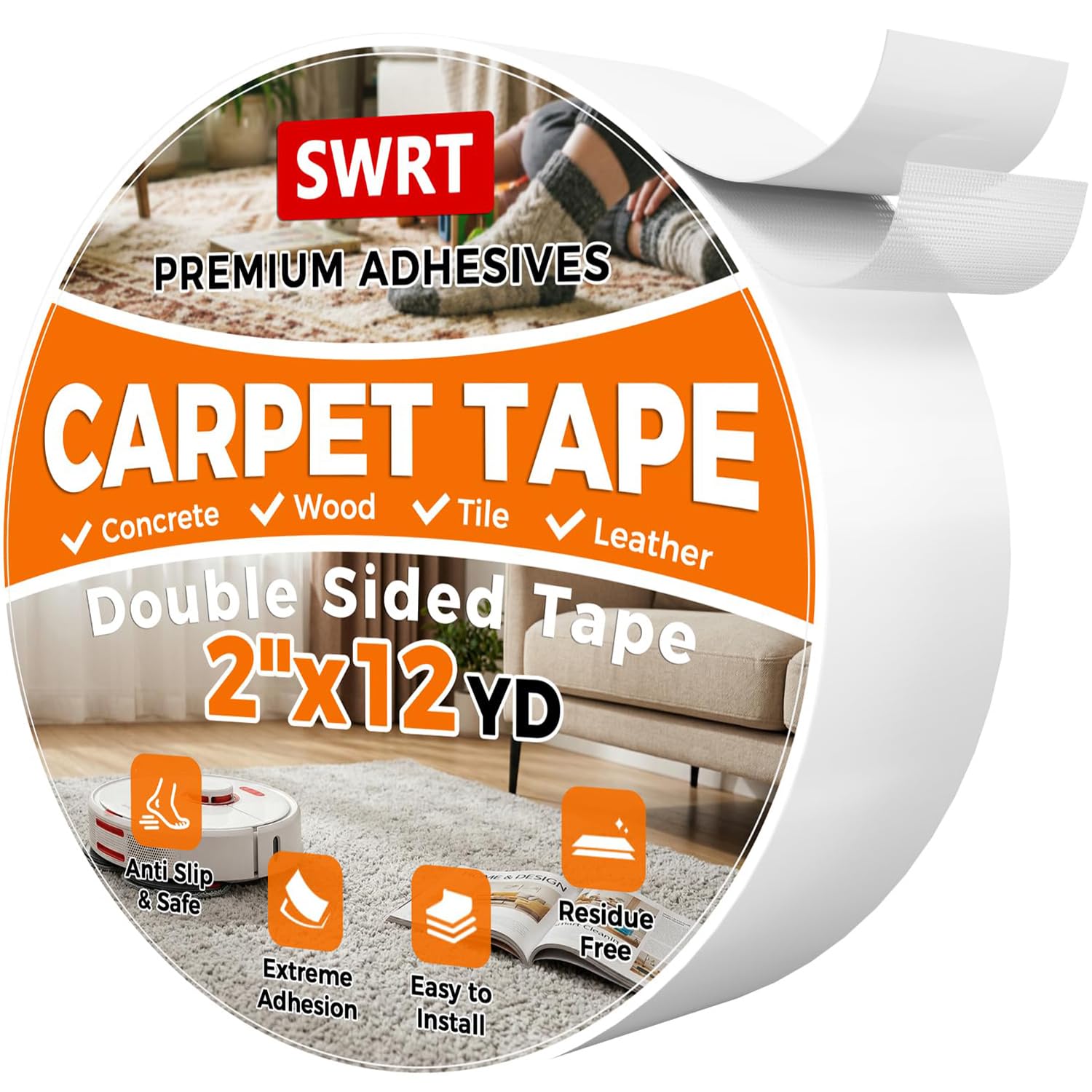 Double Sided Carpet Tape, 2 Inch X 12 Yards Rug Tape For Hardwood Floors, Heavy Duty Anti Slip Grip For Area Rugs, Residue Free, Wood Safe, Easy Removal For Tile And Laminate