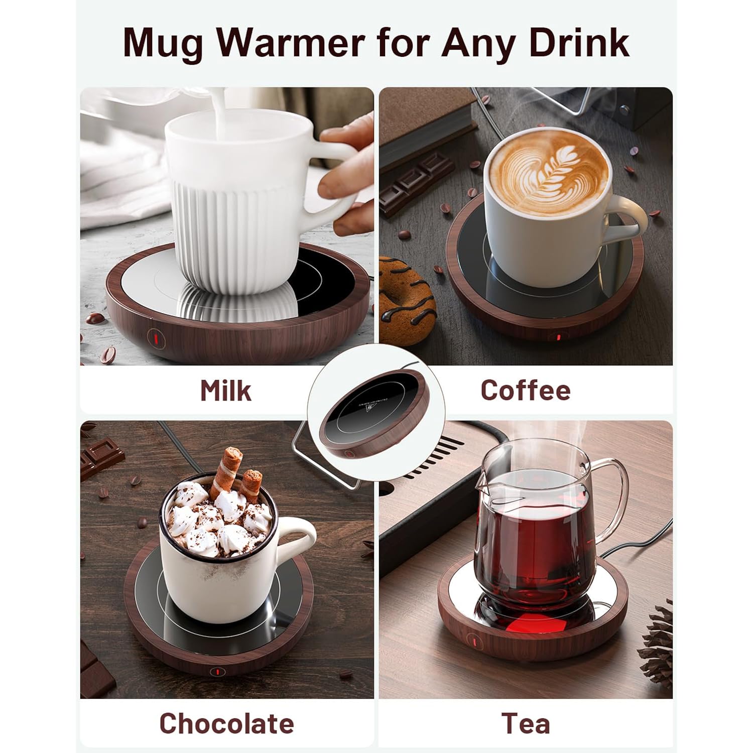 SWEETFULL Coffee Mug Warmer, 36W Electric Cup Warmer for Desk with 3-Temp Settings Advanced Temperature-Controlled Heating Coffee Gifts Accessories for Women Men Milk, Tea, Candle - Wood