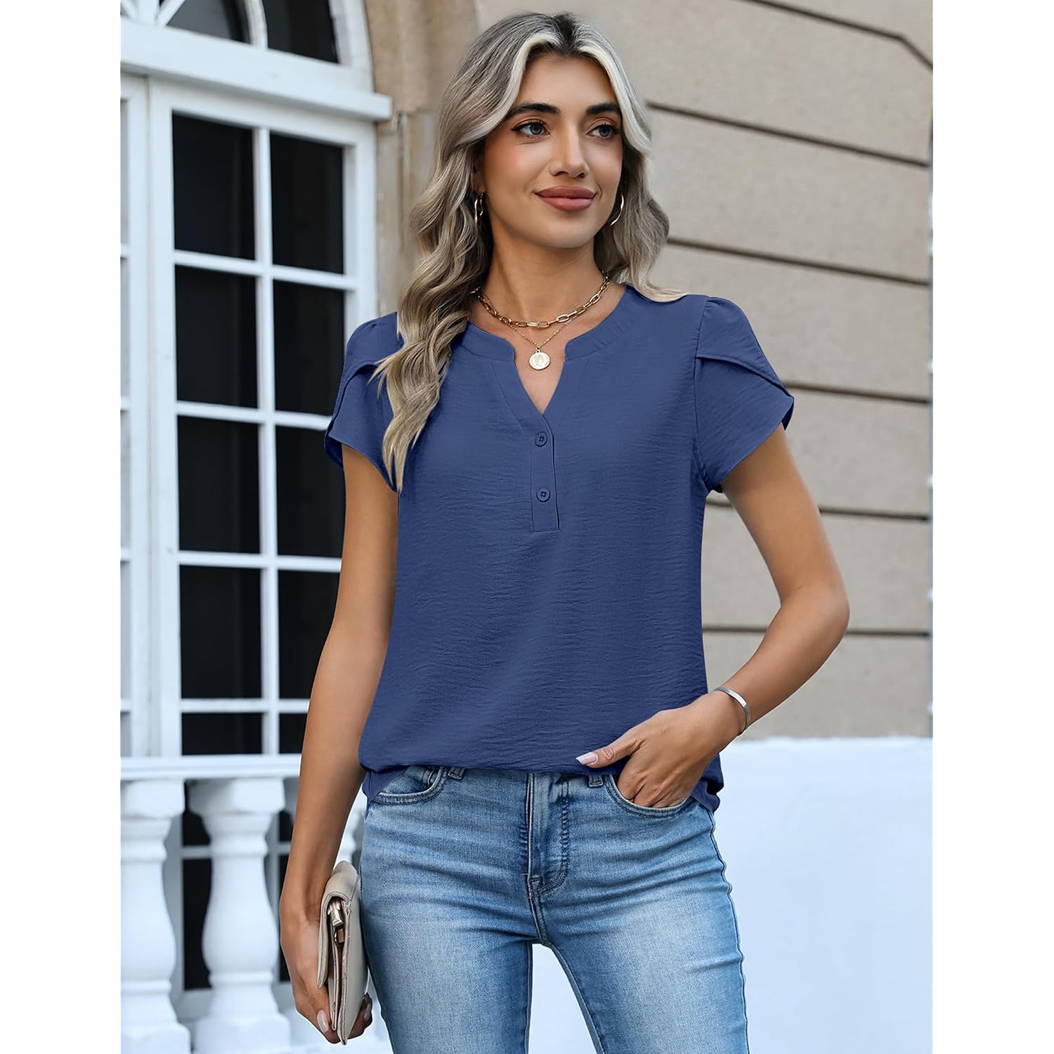 Zeagoo Womens Tops Dressy Casual Textured Blouses Cap Short Sleeve Shirts V Neck Button Up Summer Spring Work Tshirt Clothes