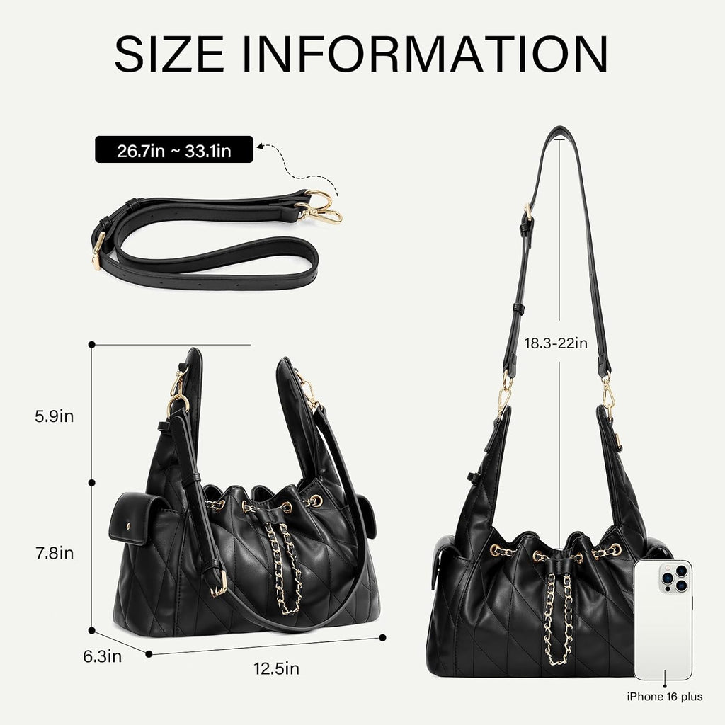 Cluci Quilted Leather Handbag, Soft Tote Bags For Women With Adjustable Strap, Crumpled Shoulder Purse Tabby Slouchy Hobo Bag