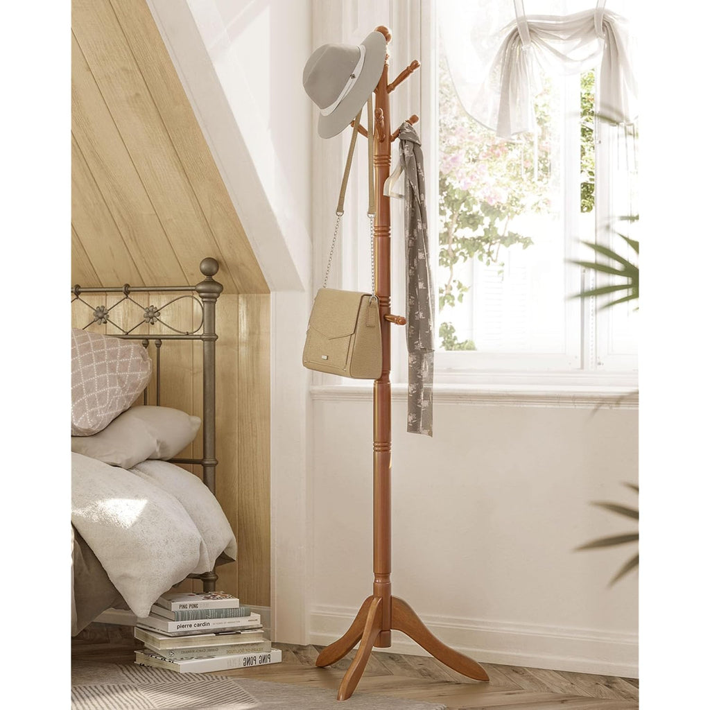 VASAGLE Solid Wood Coat Rack and Stand, Free Standing Hall Coat Tree with 10 Hooks for Hats, Bags, Purses, for Entryway, Hallway, Rubberwood, Caramel Brown URCR03WN