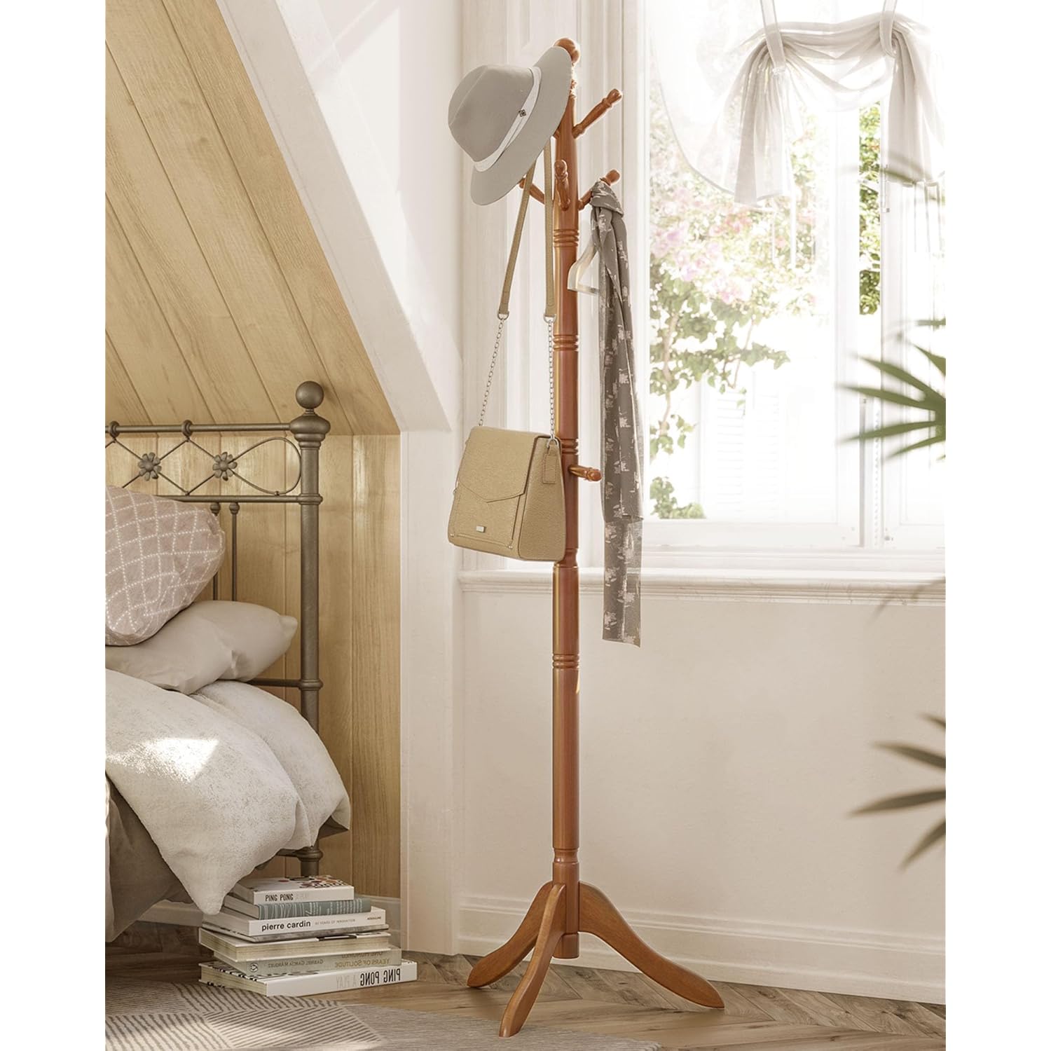 VASAGLE Solid Wood Coat Rack and Stand, Free Standing Hall Coat Tree with 10 Hooks for Hats, Bags, Purses, for Entryway, Hallway, Rubberwood, Caramel Brown URCR03WN