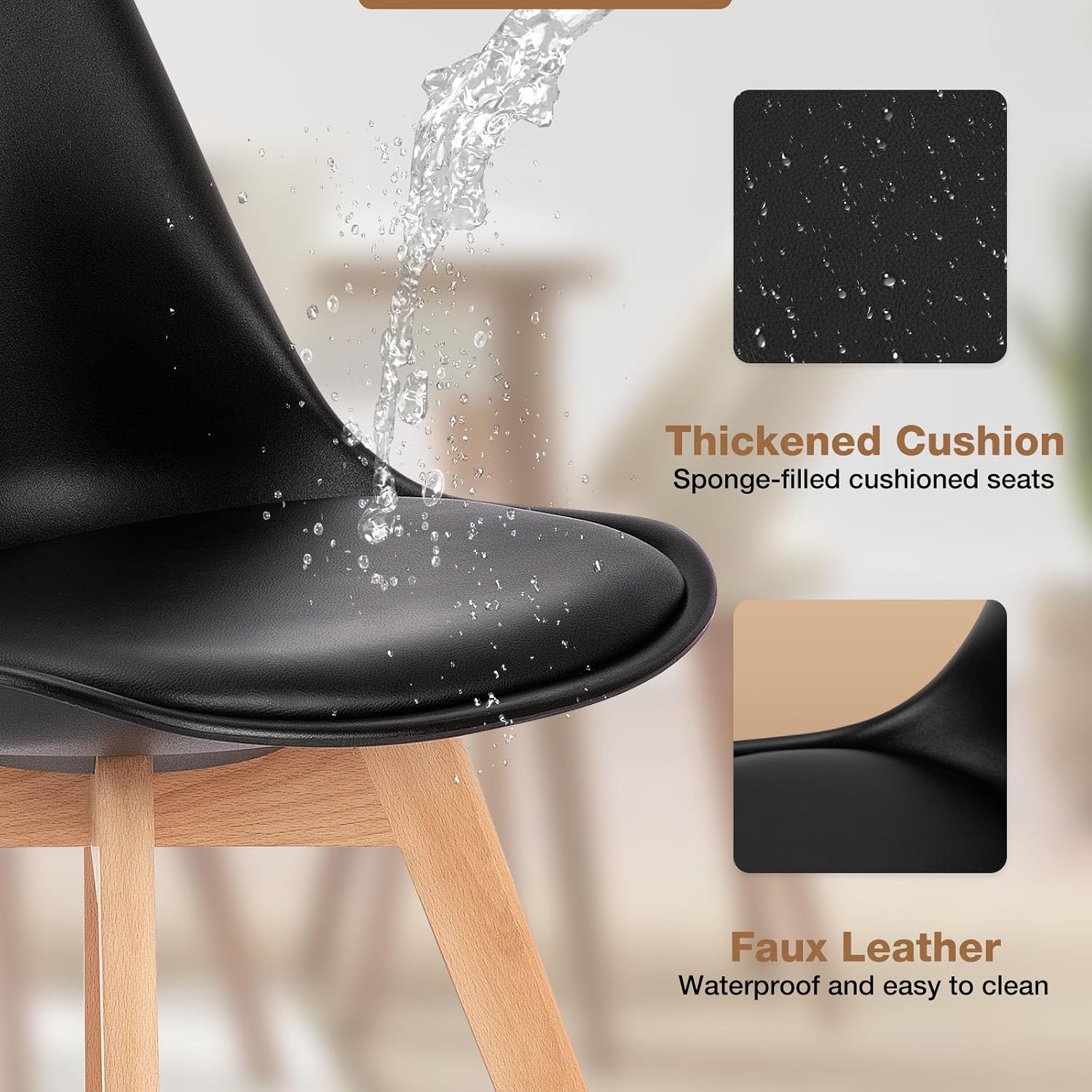 Olixis Dining Chairs Set Of 8 Kitchen Mid Century Modern Chairs With Wood Legs And Pu Leather Cushion, Upholstered Accent Chai For Living Room Bedroom Outdoor Lounge, Black