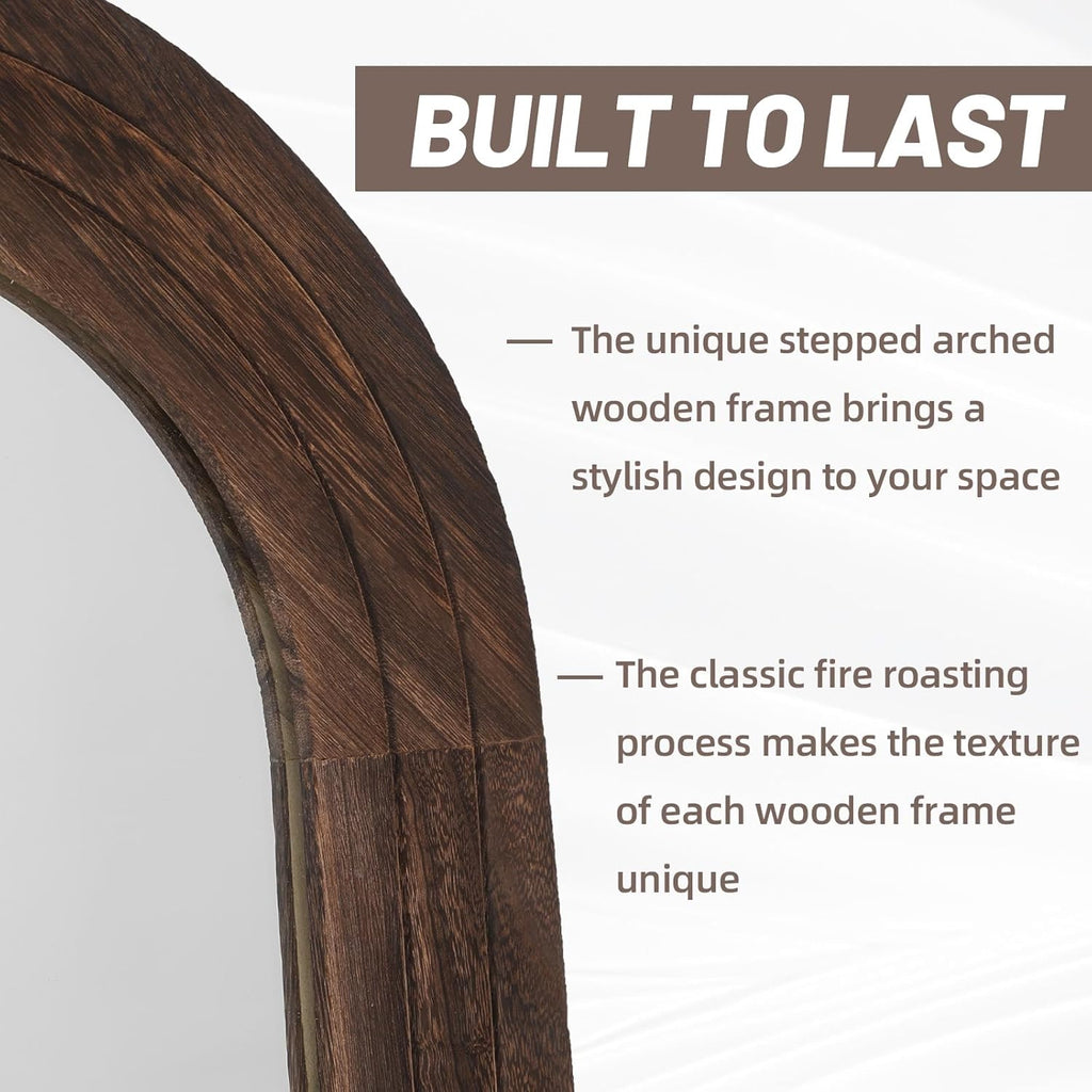 ZHUNFA Arched Full Length Mirror with Solid Wood Frame, 71x32 Farmhouse Wall Mounted Floor Mirror with Stand, Vertical Hanging, Leaning Standing for Bedroom, Living Room, Brown