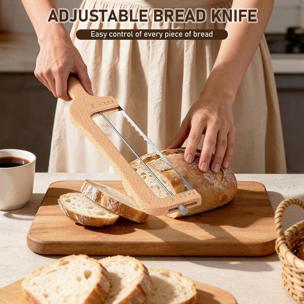 Adjustable Bread Knife For Home Use, Wooden Sourdough Bread Slicer For Homemade Bread With Bow Design, Premium Stainless Serrated Bread Cutter For Bagels And Baguettes-Natural