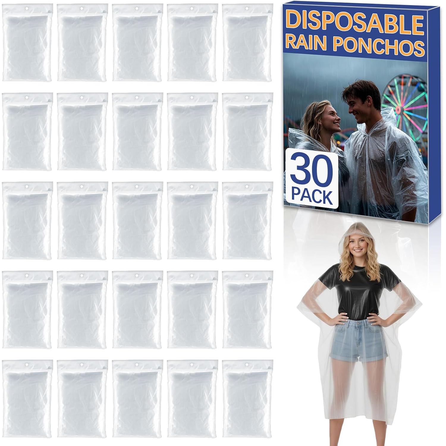 30 Pack Disposable Rain Ponchos For Adults, Emergency Clear Poncho With Hood Waterproof Bulk Plastic Rain Coat Family Pack For Hiking, Camping, Travel
