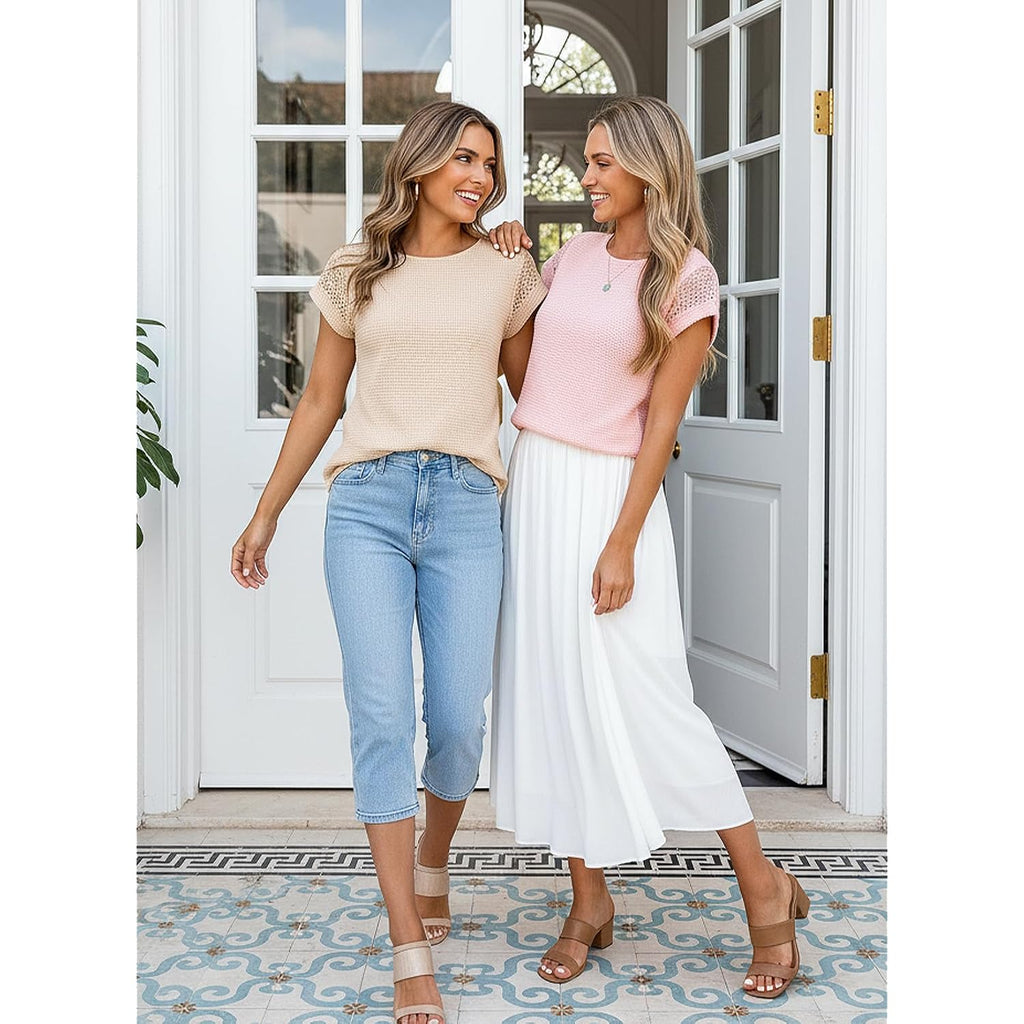 Dokotoo Womens Summer Tops 2026 Waffle Knit Lace Hollow Out Short Sleeve T-Shirts Crewneck Casual Loose Basic Tee Blouses