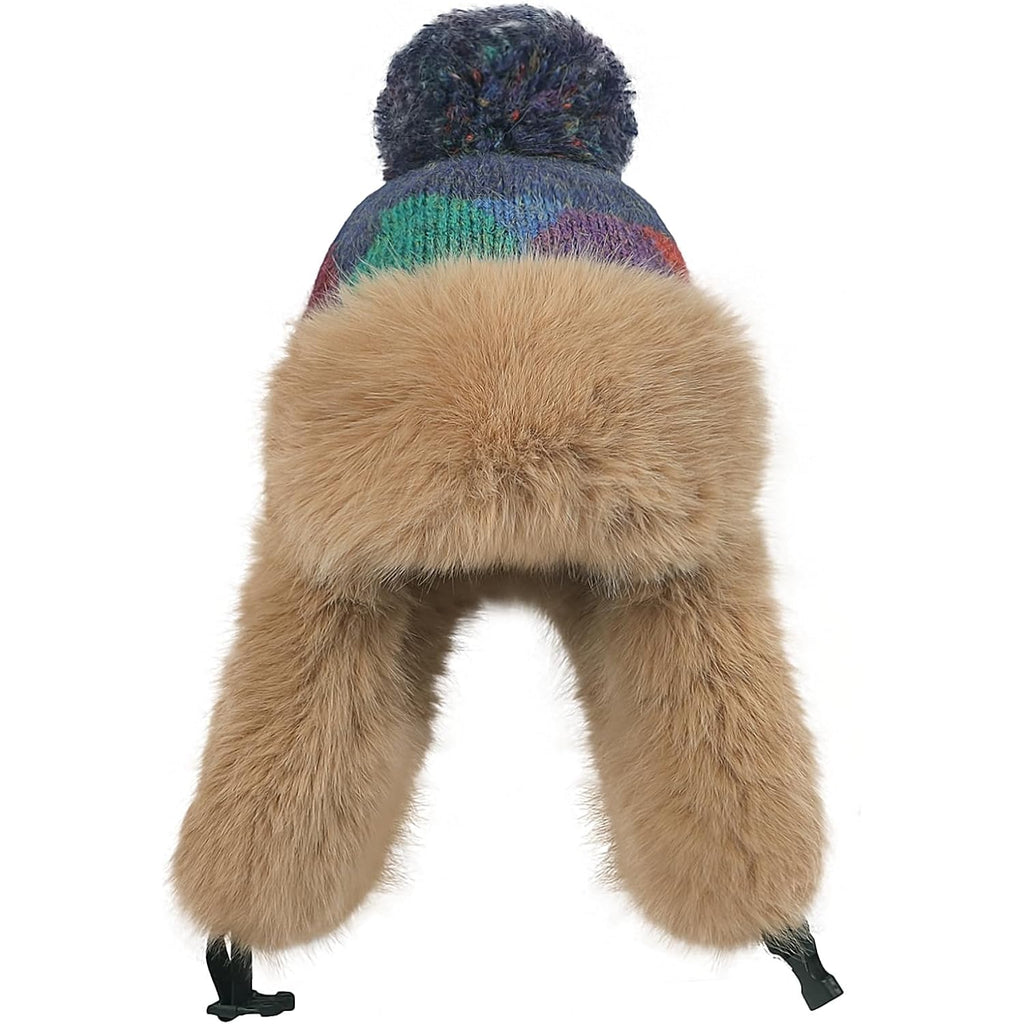 Women's Winter Trapper Hat, Knit Ear Flap Beanie with Faux Fur Lining & Pom, Windproof Ski Snow Cap