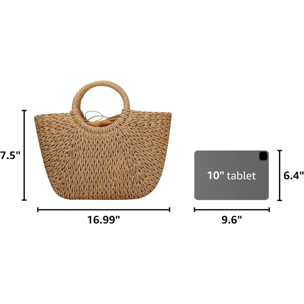Yyw Straw Bags For Women,Hand-Woven Straw Large Bag Round Handle Ring Tote Retro Summer Beach Rattan Bag