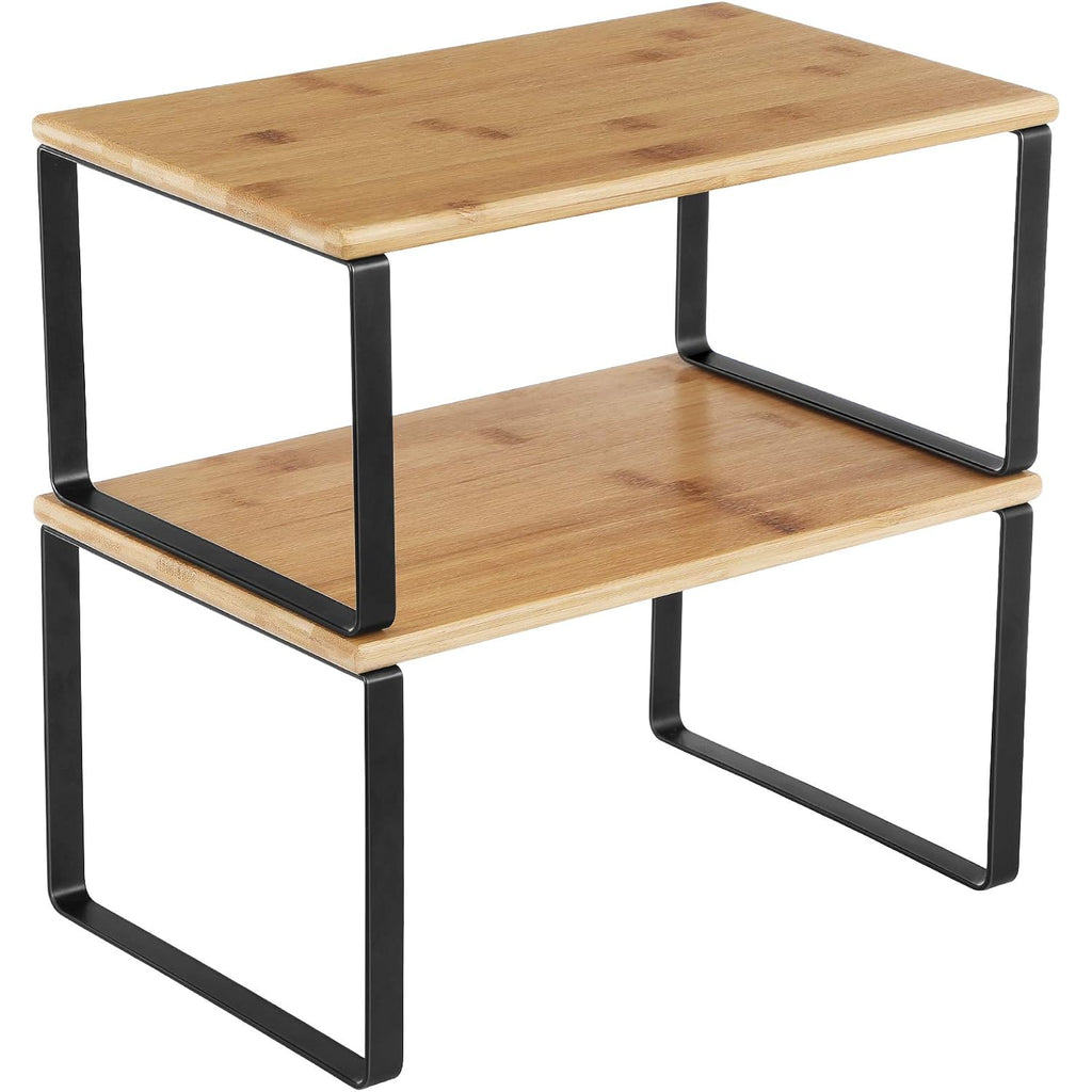 Songmics Cabinet Organizer Shelf, Set Of 2 Kitchen Counter Shelves, Kitchen Storage, Spice Rack, Stackable, Expandable, Metal And Engineered Wood, 11.7 Inches, Ink Black And Natural Beige Ukcs02Nb