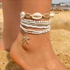 Qceasiy Bead Ankle Bracelets Set For Women, Adjustable Gold Plated Boho Shell Anklet, Hawaiian Beach Seashell Pearl Disc Starfish Conch Foot Jewelry, Summer Fashion Gifts