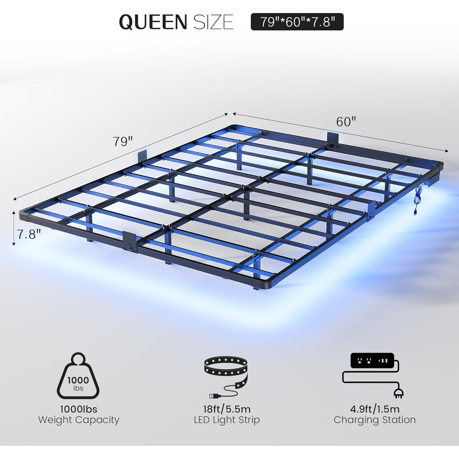 Olevs Floating Bed Frame Queen Size With Smart Led Lights And Charging Station - Modern Metal Platform Bed, Easy Assembly No Box Spring Needed