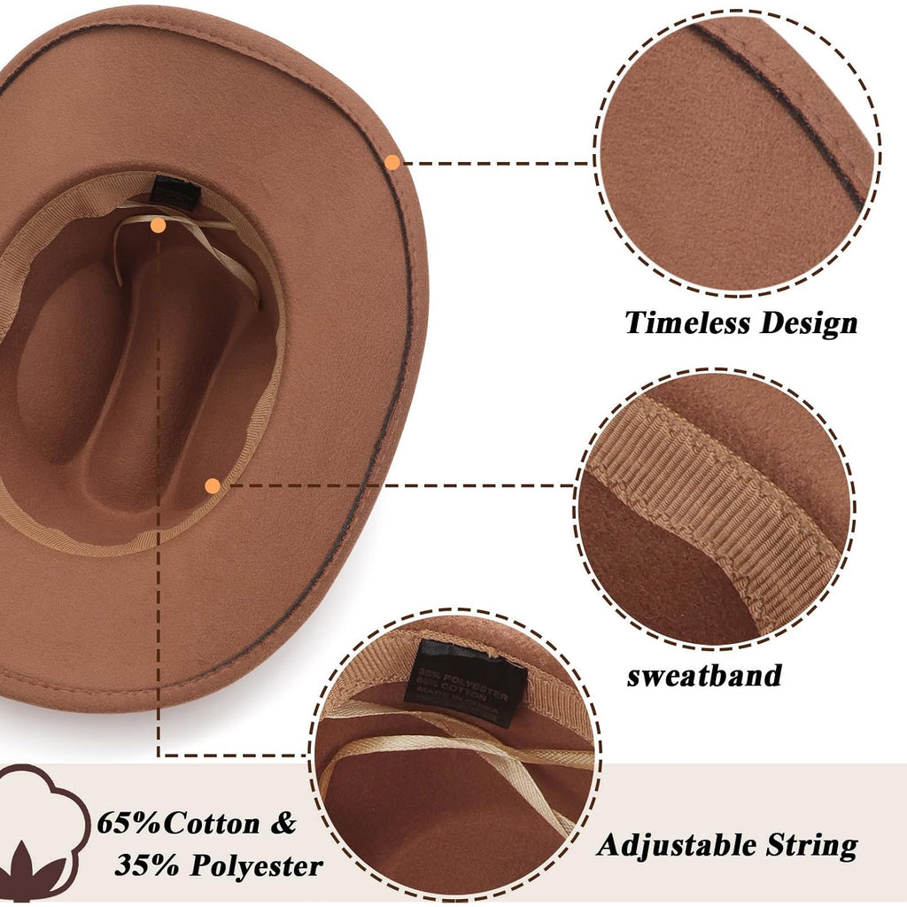 Western Cowboy Hat for Women Men Wide Brim Retro Felt Fedora Cowgirl Hats Classic Unisex Rolled up Caps Outdoor Khaki