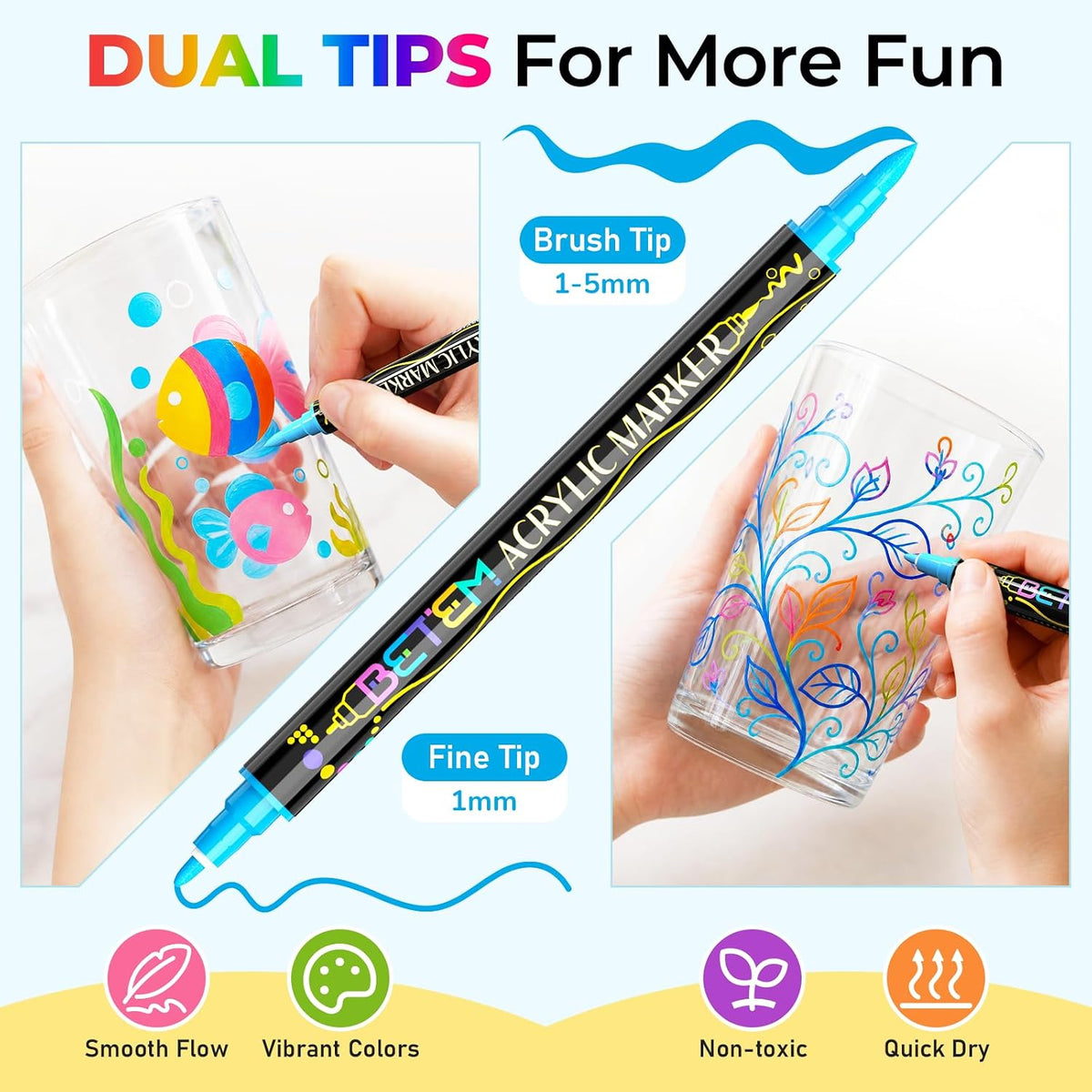 Dual Tip Acrylic Paint Pens, 24 Colors Paint Markers For Glass, Window, Fabric, Wood, Rock, Canvas, Acrylic Markers With Fine & Brush Tip, Art & Craft Supplies, Teacher Appreciation Gift