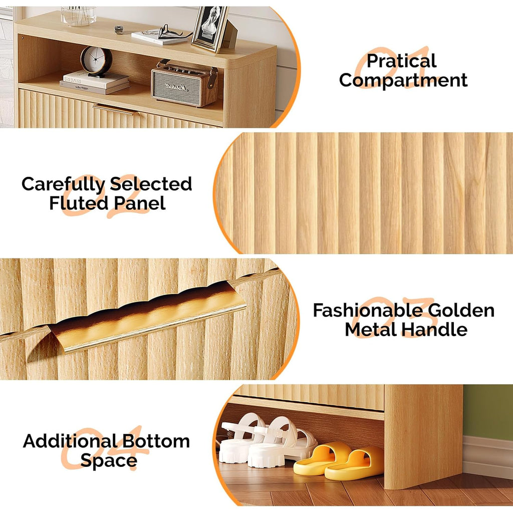 Vingli Slim Shoe Cabinet With Curved Edges, Modern Hidden Shoe Storage Organizer With 2 Flip Drawers & Open Shelf, Narrow Wood Shoe Cupboard With Fluted Panel & Anti-Tip Kit For Entryway, Oak