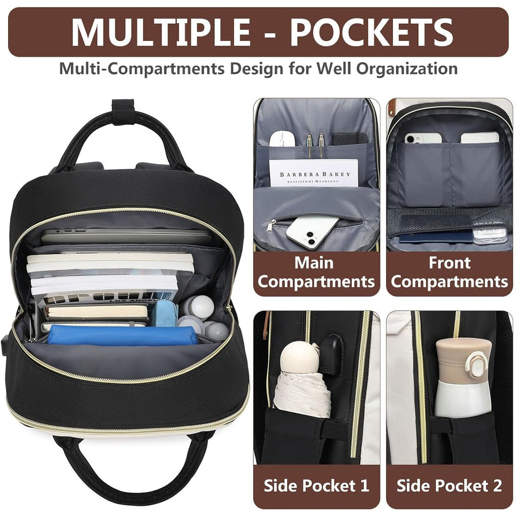 Laptop Backpack For Women Bag - 15.6 Inch Work Travel Backpack With Usb Charger College Bookbag Waterproof Business Computer Backpack Anti-Theft Casual Backpacks For Nurse Teacher Beige Black Brown