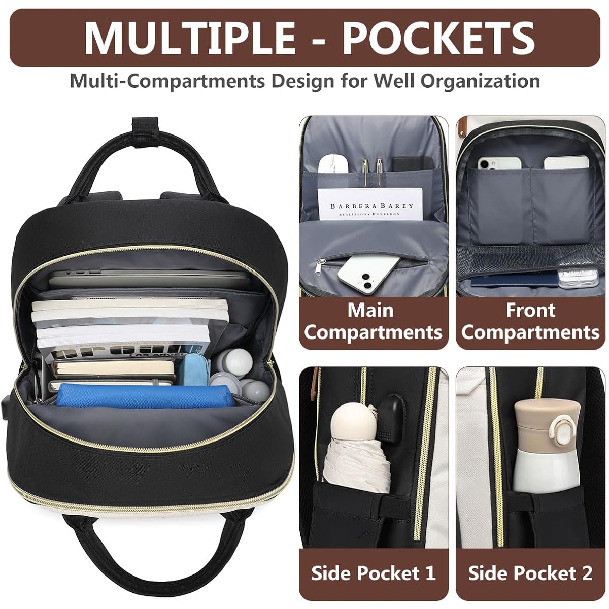Laptop Backpack For Women Bag - 15.6 Inch Work Travel Backpack With Usb Charger College Bookbag Waterproof Business Computer Backpack Anti-Theft Casual Backpacks For Nurse Teacher Beige Black Brown