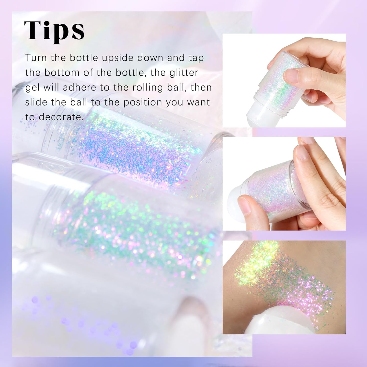 HOSAILY 2 Colors Roll-on Body Glitter Gel, Holographic Glitter Gel Under Light for Face Hair, Body Shimmer for Rave Accessories Christmas New Year Halloween Makeup (Golden Ocean+Neon Violet)