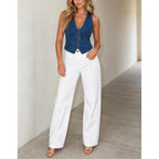 Womens Denim Vest Sleeveless V Neck Jean Vest Top Suit Waistcoat