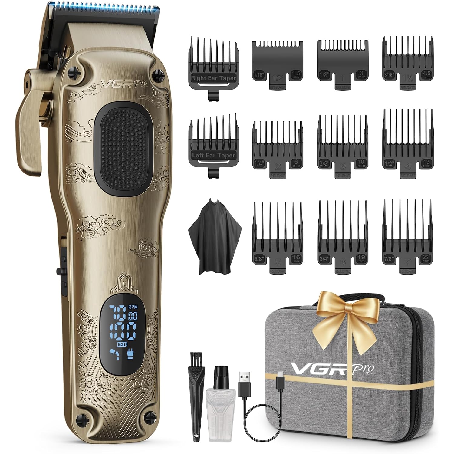 Vgrpro Hair Clippers For Men Professional, Cordless & Corded Barber Clippers For Hair Cutting With Package Case, Electric Grooming Kit For Home & Barber Use, Led Battery Display (Golden)