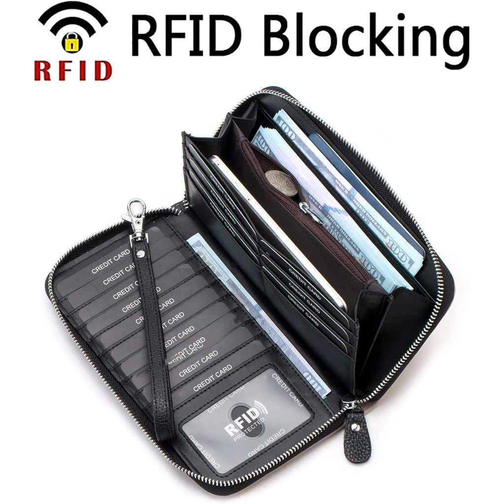 Moflycom Womens Wallet RFID Blocking Genuine Leather Multi Credit Card Large Capacity Zip Around Clutch Travel Purse Wristlet