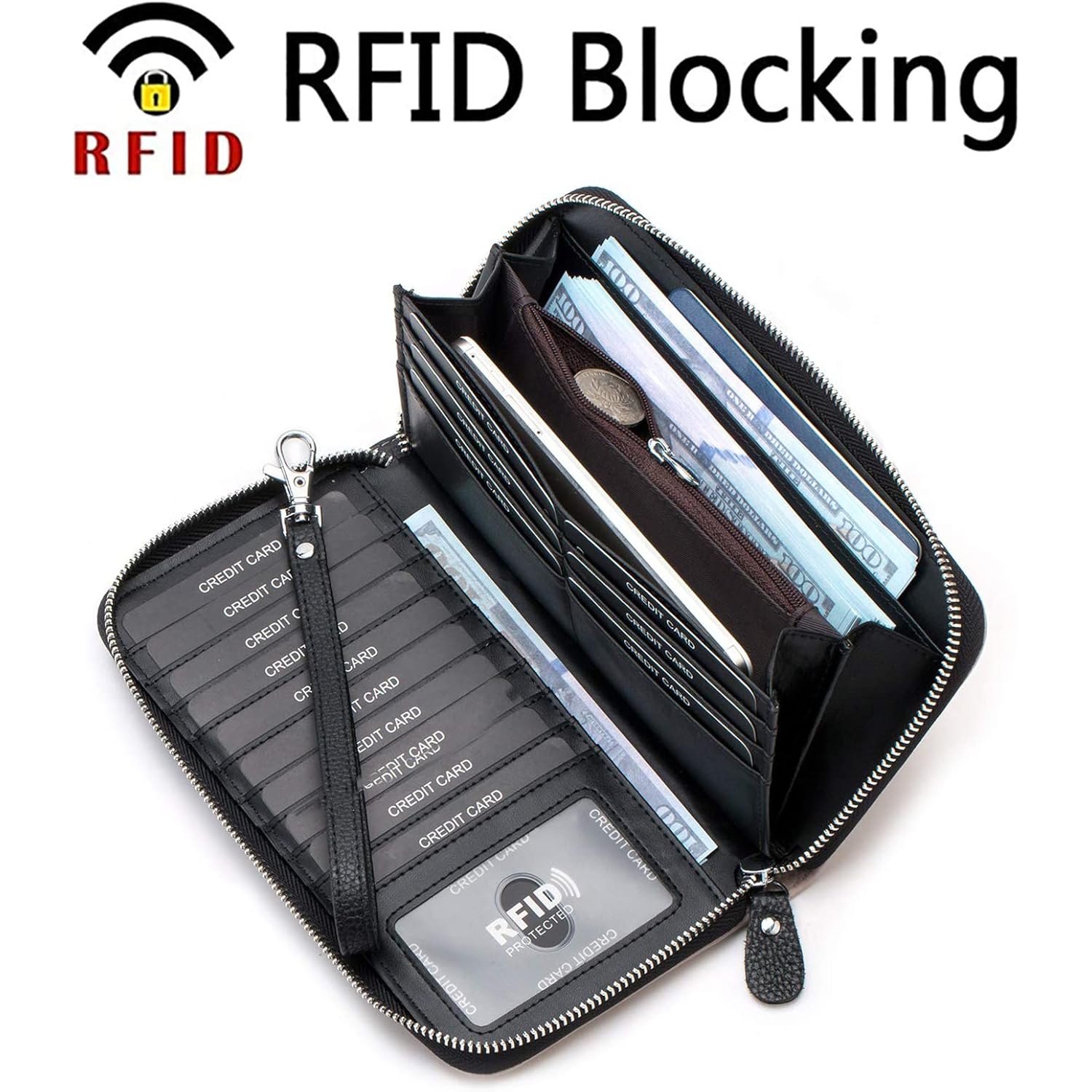 Moflycom Womens Wallet RFID Blocking Genuine Leather Multi Credit Card Large Capacity Zip Around Clutch Travel Purse Wristlet