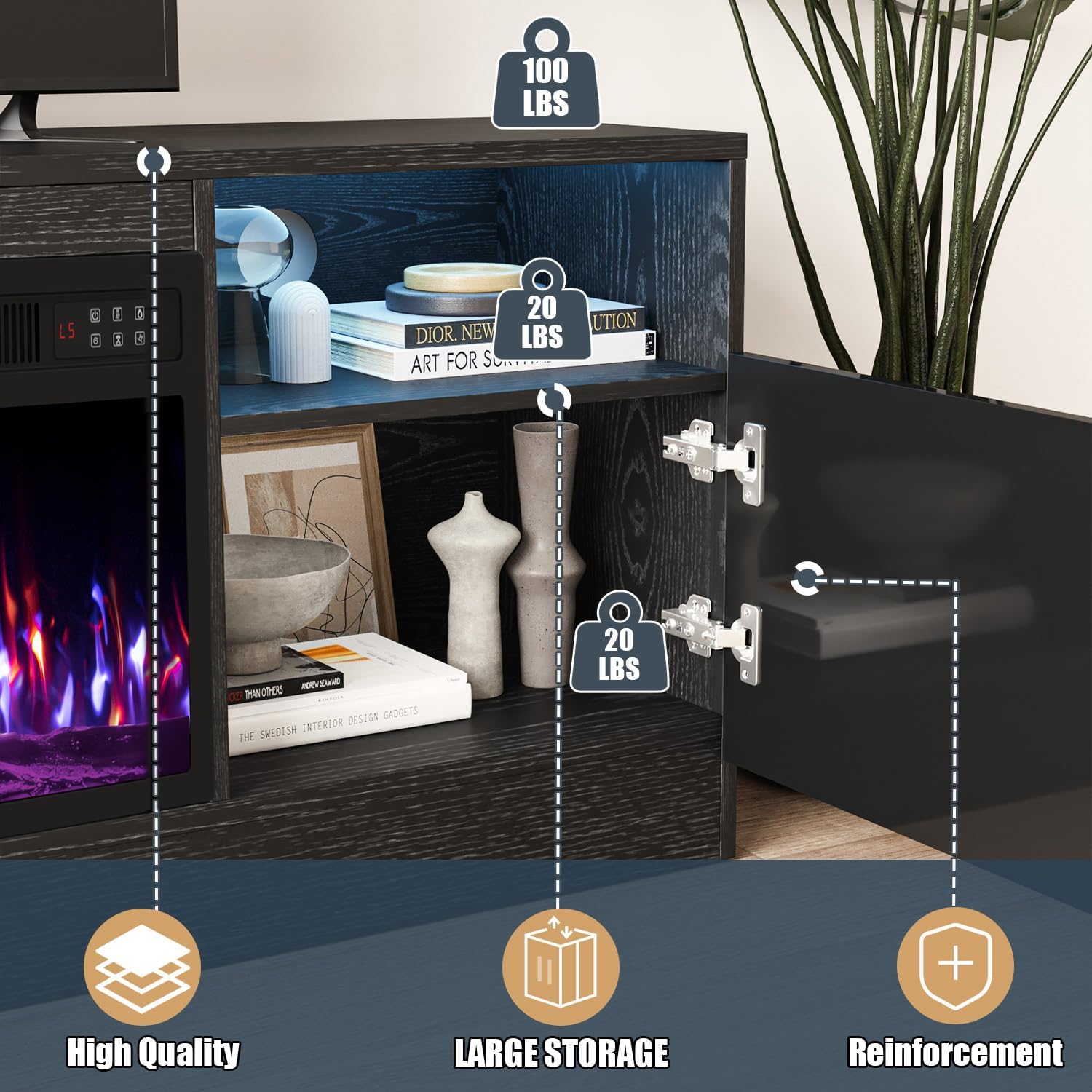Vitesse Fireplace With Tv Stand 36" Inch Electric Fireplace Up To 80" Tvs, Led Light Entertainment Center, 70" Modern Wood High Gloss With Highlight Storage Cabinet For Living Room (Black)